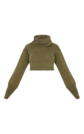 Khaki Roll Neck Cropped Jumper | Knitwear | PrettyLittleThing