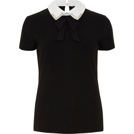 Black rib embellished collar top - Blouses - Tops - women