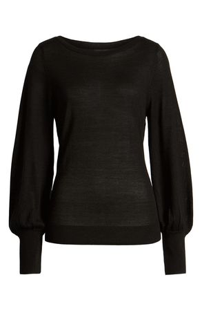 Halogen® Bishop Sleeve Merino Wool Blend Sweater black