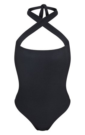Black Textured Rib Halterneck Bodysuit | Tops | PrettyLittleThing