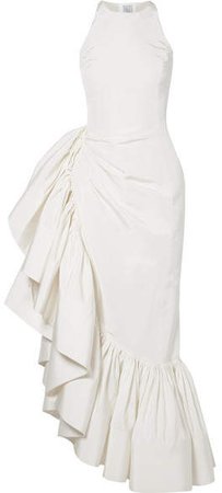 Whoopsy Daisy Asymmetric Ruffled Silk-charmeuse Gown - White
