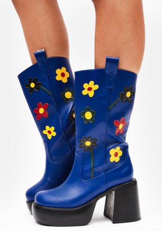 Delia's Floral Platform Cowboy Boots - Blue | Dolls Kill
