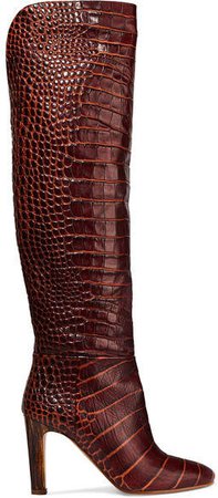 Linda Croc-effect Leather Knee Boots - Brown