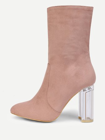 Clear Heeled Pointed Toe Suede Boots