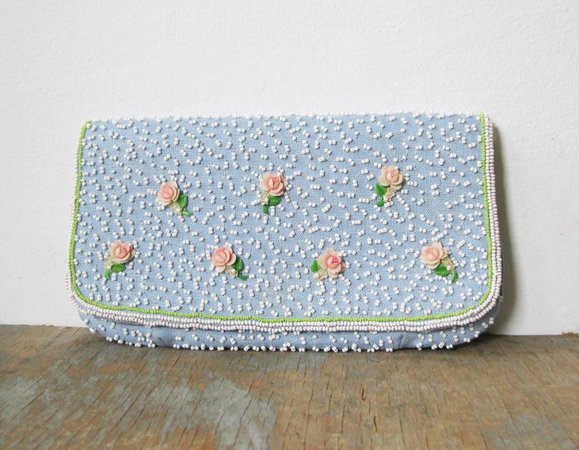 Vintage 60s baby blue beaded clutch with pink roses | Etsy