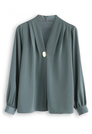 Button Embellished Satin V-Neck Top in Teal - NEW ARRIVALS - Retro, Indie and Unique Fashion