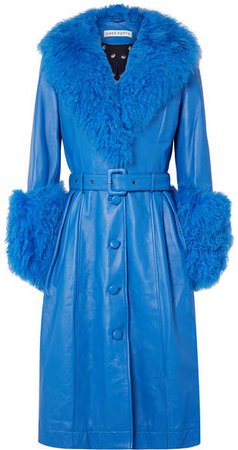 Foxy Belted Shearling-trimmed Leather Coat - Bright blue