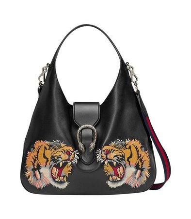 Gucci Tiger-embroidered Leather Shoulder Bag in Black
