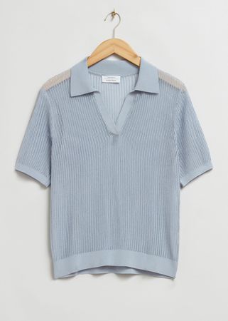 Relaxed Pointelle Knitted Polo Shirt - Dusty Blue - & Other Stories HR