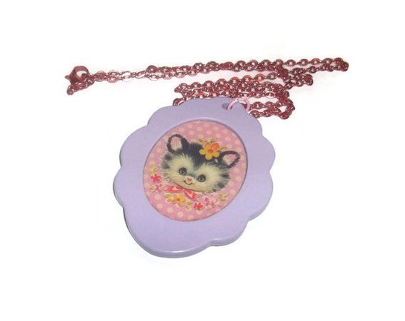 Cat Cameo Necklace Vintage Kitten Illustration Pastel Lilac | Etsy