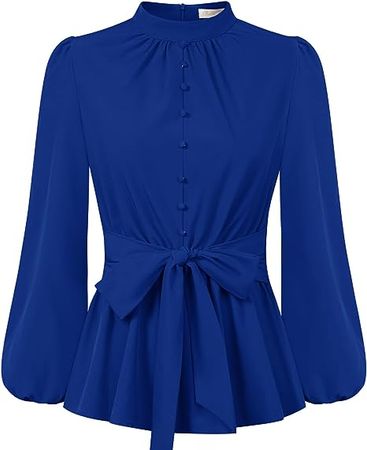 Belle Poque Long Sleeve Bow Tie Blouse for Women Peplum Puff Sleeve Dressy Shirt Work Empire Waist Tops at Amazon Women’s Clothing store