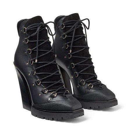 Black Leather and Suede Lace-Up Boots with Black Shearling|MADYN 130 |Cruise '20 |JIMMY CHOO