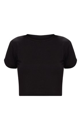 Black Roll Sleeve Crop T Shirt