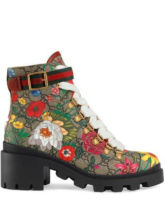 Brown Gucci Flora Print 57Mm Ankle Boots | Farfetch.com