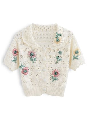 Hand-Knit Flower Eyelet Knit Cardigan in Cream - Retro, Indie and Unique Fashion