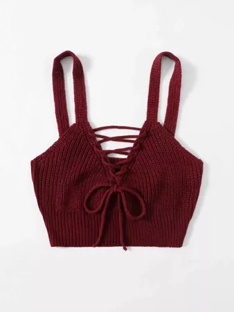 Lace Up Knot Front Crop Knit Top | SHEIN USA red