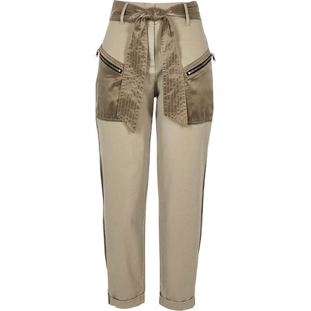 Beige satin detail belted cargo trousers | River Island