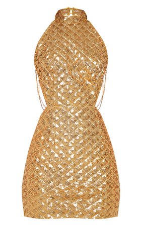 Gold Diamond Sequin Chain Back Bodycon Dress | PrettyLittleThing USA