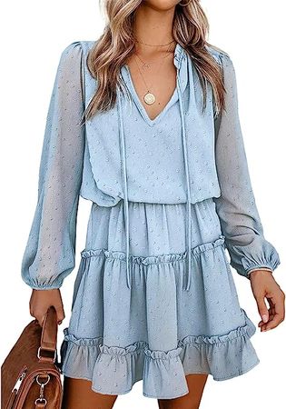BTFBM Women Casual Spring Summer Dresses Tie V Neck Long Sleeve High Waist Ruffle Tiered A Line Swing Tunic Mini Dress at Amazon Women’s Clothing store