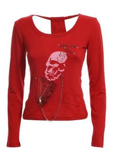 Red long sleeve top opening on the back, zip, chain and studs, punk rock