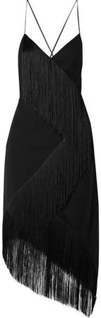 Asymmetric Fringed Wool-crepe Wrap-effect Midi Dress - Black