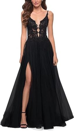 Amazon.com: Spaghetti Straps Tulle Prom Dresses Lace Appliques V Neck Formal Evening Party Gown Backless Slit Ball Gowns: Clothing, Shoes & Jewelry