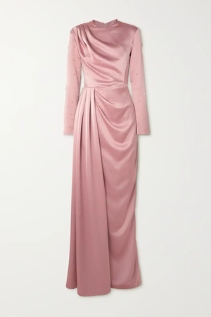 RASARIO Crystal-embellished draped satin gown