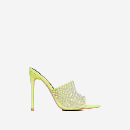 Tiffany Diamante Pointed Peep Toe Mule In Lime Green Faux Suede | EGO