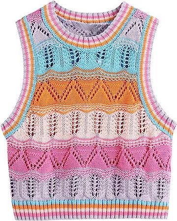 Color Block Sweater Vest for Women Y2k Crewneck Cropped Knitted Crop Tank Top Vintage Loose Knitwear Streetwear at Amazon Women’s Clothing store
