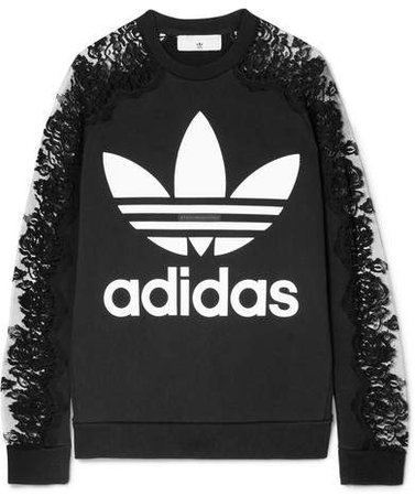 Adidas Lace-paneled Printed Cotton-jersey Sweatshirt - Black