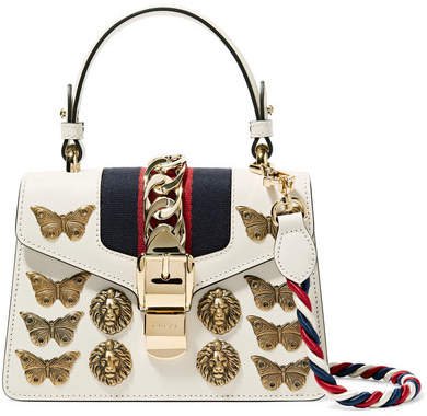Sylvie Mini Embellished Chain-trimmed Leather And Canvas Shoulder Bag - White
