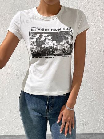 SHEIN EZwear Women's Y2k 90s Vintage Slogan Guitar Graphic Cropped Tee | SHEIN