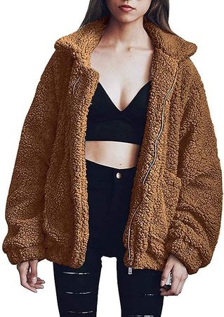 PRETTYGARDEN Women's 2023 Fashion Winter Coat Long Sleeve Lapel Zip Up Faux Shearling Shaggy Oversized Shacket Jacket (Golden,Small) at Amazon Women's Coats Shop