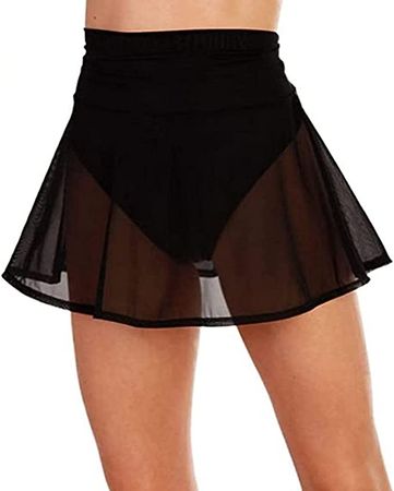 KnniMorning TEES Women's Sheer Mesh Mini Skirts See-Through High Waist Solid Skater Skirt Beach Cover-ups (Black, M) at Amazon Women’s Clothing store