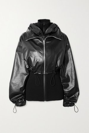 Hooded Layered Glossed-leather And Ribbed-knit Jacket - Black