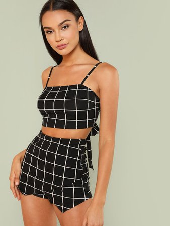 Grid Crop Cami Top & Overlap Front Shorts Co-ord | SHEIN UK