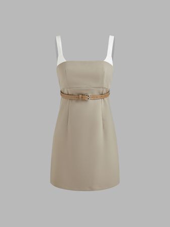 Woven Square Neck Solid Contrasting Binding Mini Dress With Belt - Cider