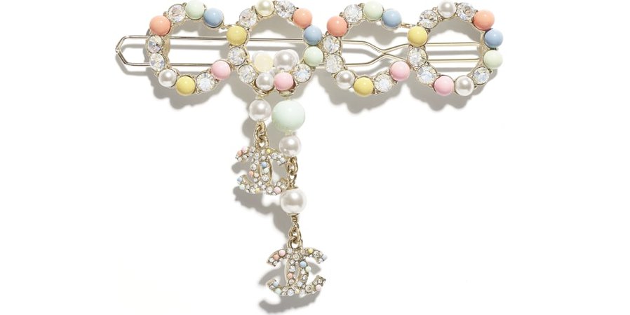 Hair Clip, metal, natural stones, cultured freshwater pearls, glass pearls & strass, gold, multicolor & crystal - CHANEL