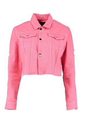 Pink Cropped Contrast Stitch Denim Jacket | Boohoo