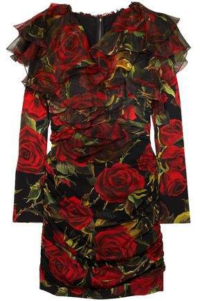 Organza-trimmed Floral-print Silk-blend Charmeuse Mini Dress