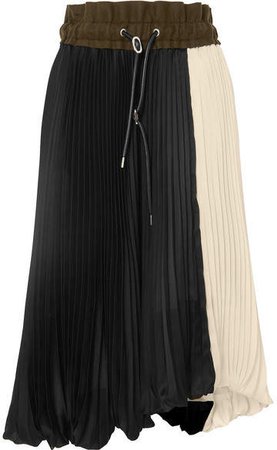 Wool Felt-trimmed Pleated Two-tone Satin Midi Skirt - Black