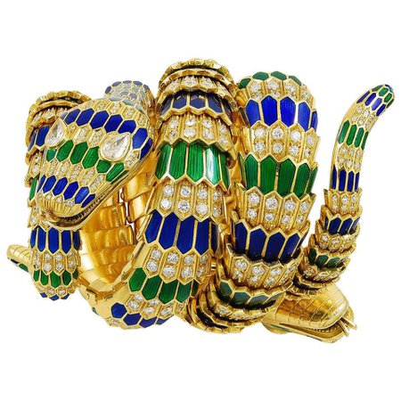 18 Karat Yellow Gold Diamond, Green and Blue Enamel Snake Bracelet
