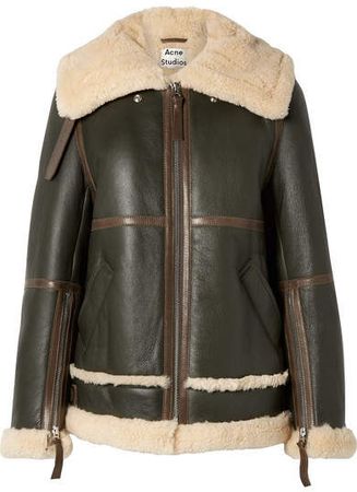 Raf Long Leather-trimmed Shearling Jacket - Army green