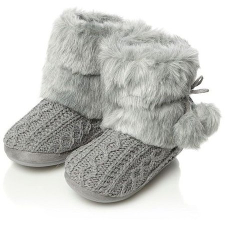 Grey cable knitted faux fur boot slippers ($26) ❤ liked on Polyvore | Slipper boots, Fur boots, Shoes