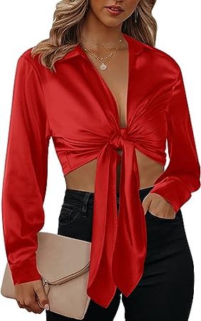 Satin Blouses for Women Sexy Long Sleeve Silk Shirts Tie Front Deep V-Neck Wrap Crop Top at Amazon Women’s Clothing store