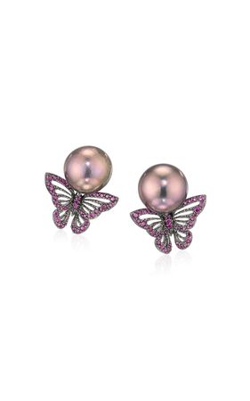 18k White Gold And Black Rhodium Vermeil Black Diamond Fuchsia Butterfly Pearl Earrings By Anabela Chan | Moda Operandi