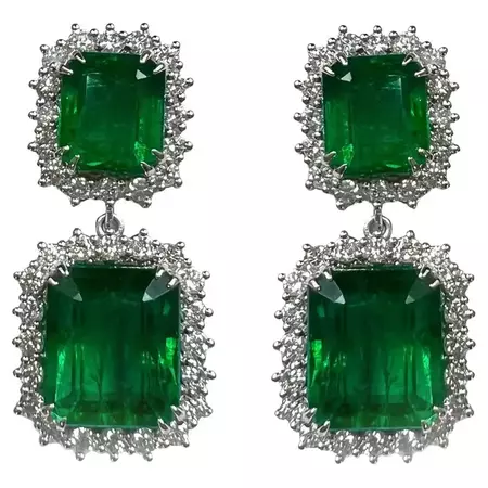 20 Carat Emerald Dangle Earrings With 2.5 Carat Halo Diamonds 18K White Gold For Sale at 1stDibs