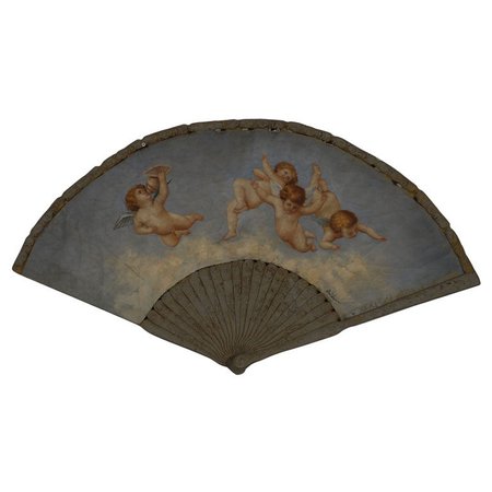 Large 19th Century French Decorative Fan with Chubby Angels on Blue Sky For Sale at 1stdibs
