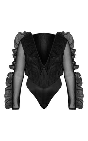 Black Mesh Plunge Front Bodysuit | PrettyLittleThing USA
