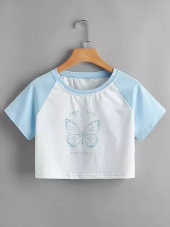 Butterfly & Letter Graphic Crop Tee | SHEIN USA white
